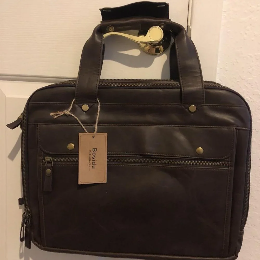 Men's Black Leather Waterproof laptop bag 15.6 Inch